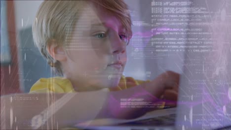 animation of data processing over caucasian schoolboy using laptop