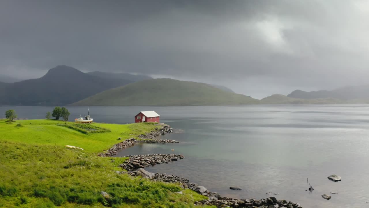 Calm waters and dramatic skies at a secluded lake cabin