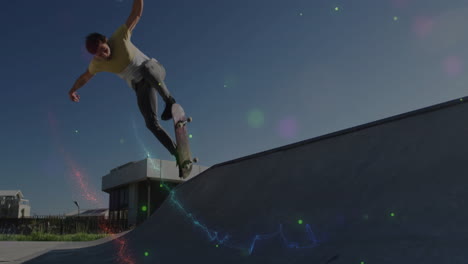 male skateboarder leaning forward on ramp in sports marketing, with animated growth chart overlays