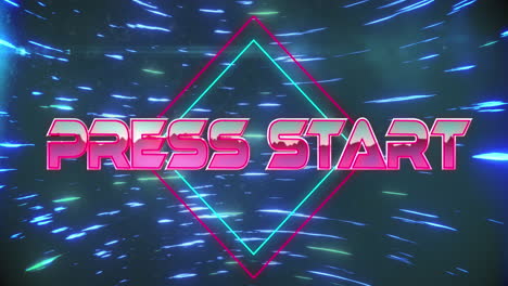 animation of press start text banner and glowing light trails spinning against blue background