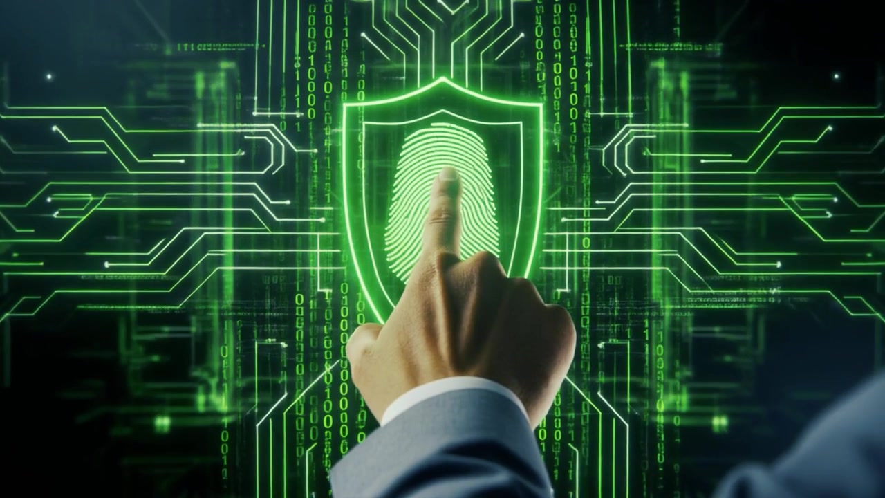 Businessman Touching Digital Fingerprint Scanner for Cybersecurity Access