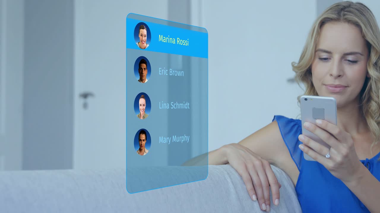 Donna che tocca il telefono, aprendo una lista di contatti olografica blu, scorrendo e selezionando Mary Murphy da chiamare.