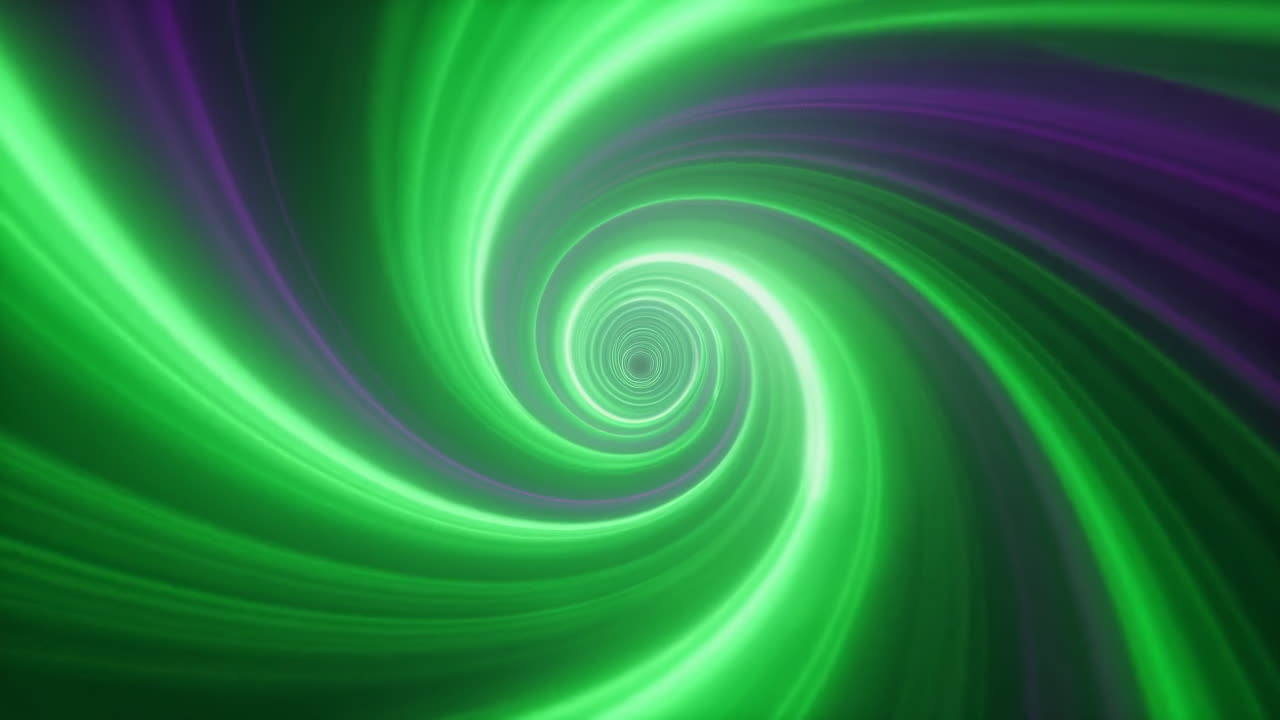 Tunnel vortex tourbillonnant vert et violet, bandes lumineuses lisses tournant vers le centre créant un néon hypnotique.