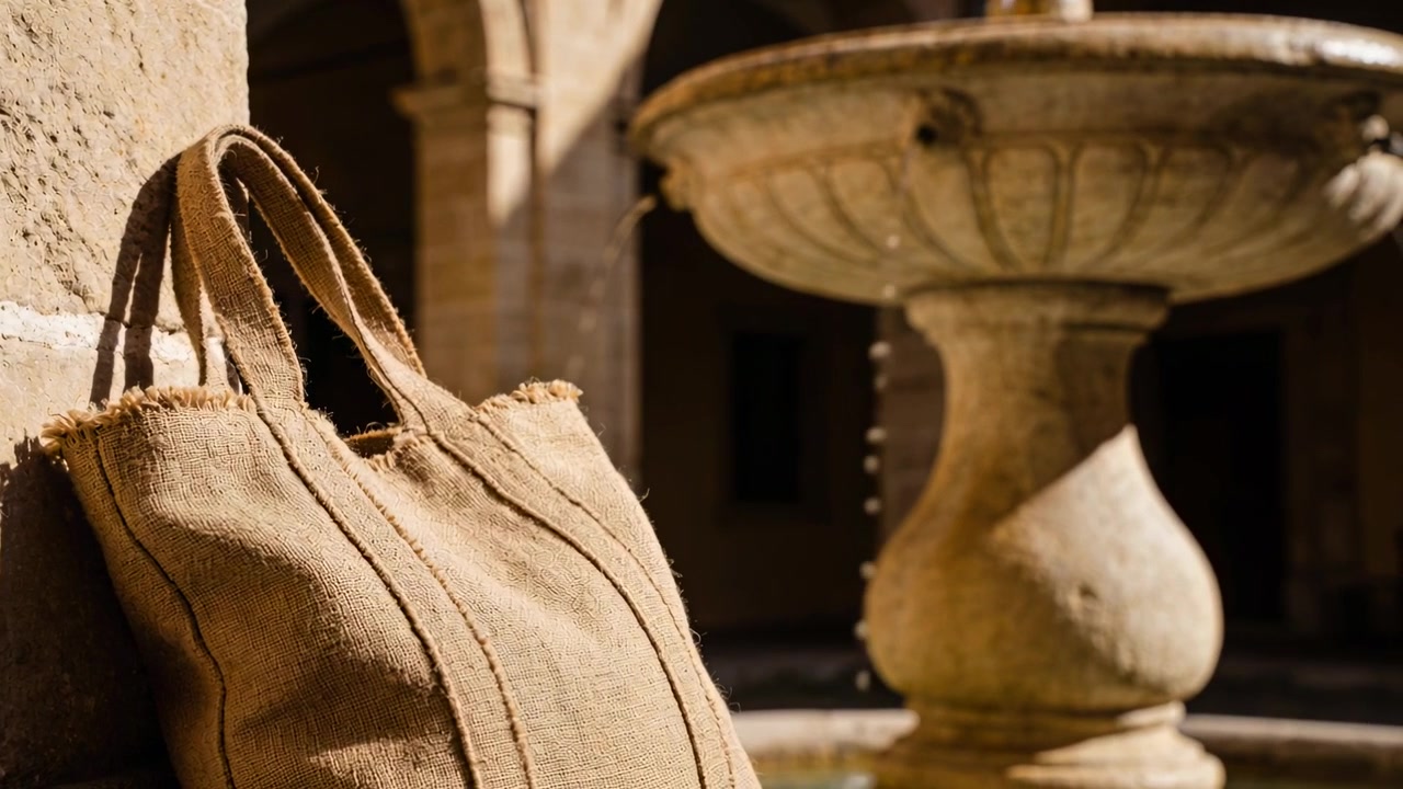 Una tote bag di iuta appoggiata in un cortile mentre la telecamera si avvicina, l'acqua della fontana inizia a gocciolare.