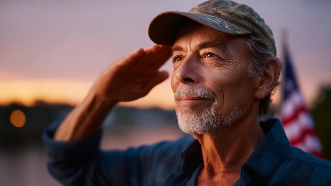 A Grateful Elderly Man Saluting at Sunset, Symbolizing Respect and Honor with a Serene Expression, Captured on the Waterfront Against a Beautiful Dusk Background and American Flag