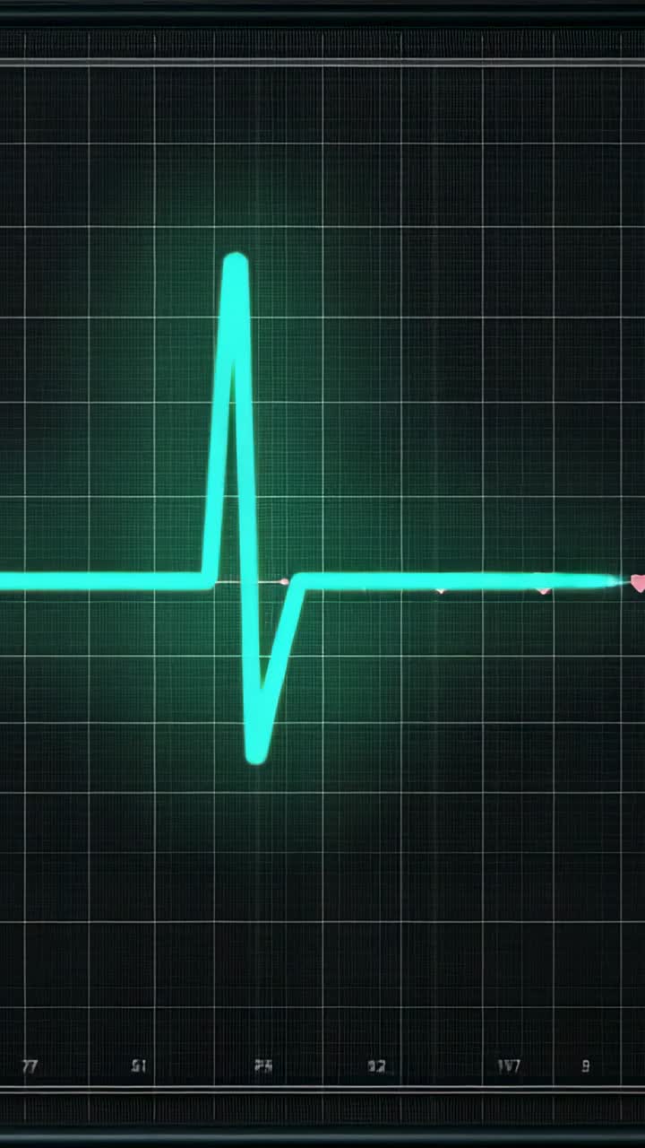 Vídeo vertical: trazo de ECG cian intenso que alcanza un pico en el latido y luego cae por debajo de la línea en los iconos rosas de la pantalla