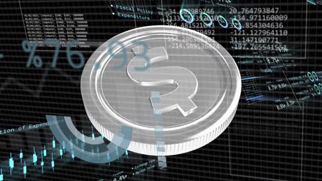 animation of financial data processing over american dollar silver coin