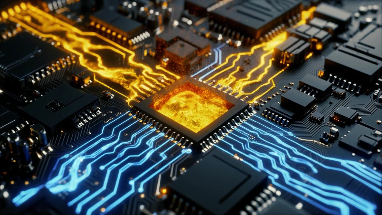 Glødende central processor på et futuristisk kredsløbskort
