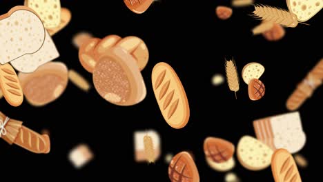 various breads falling against a dark backdrop