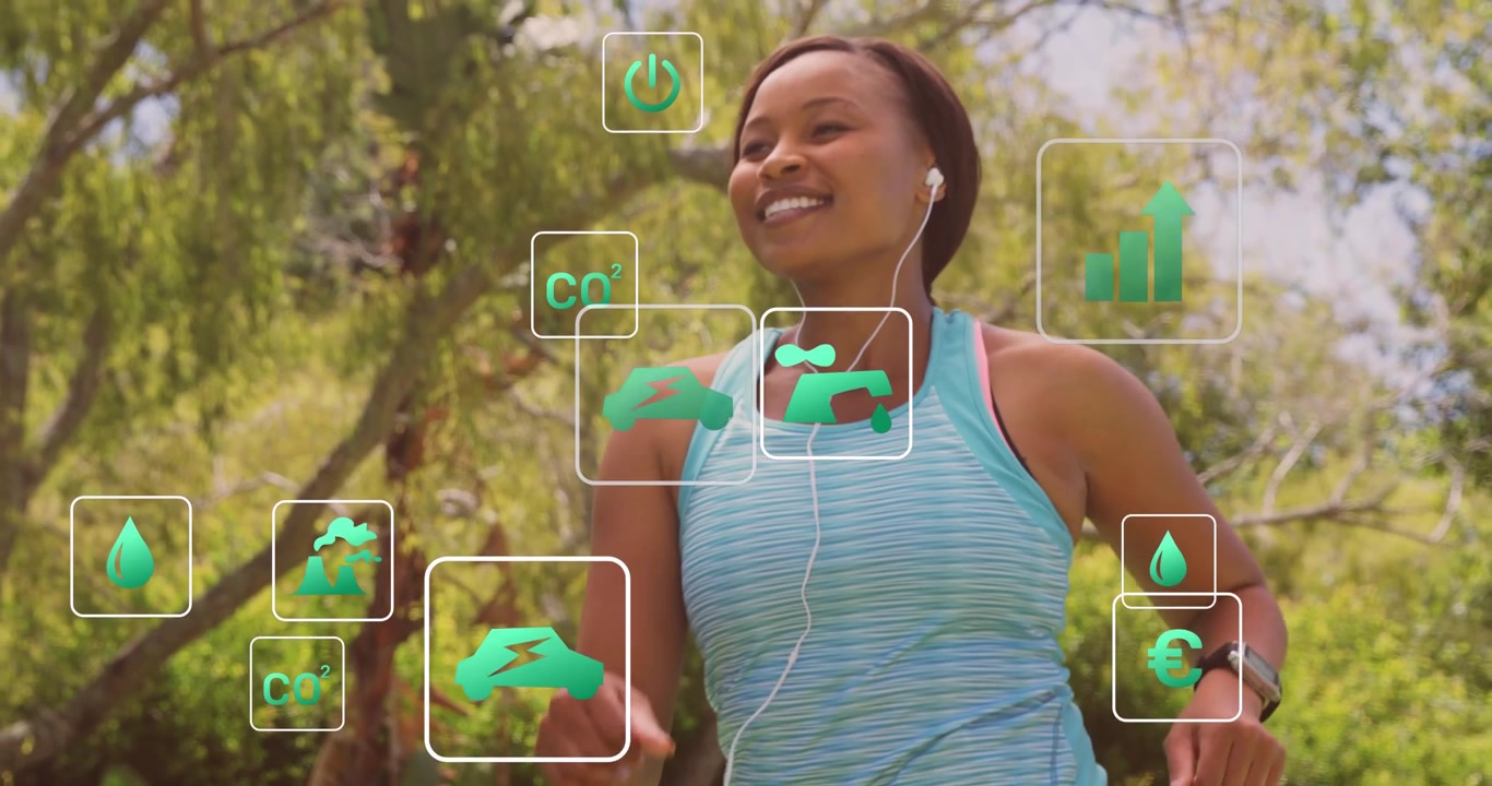 Corridore che fa jogging nel parco, smartwatch che attiva icone per il monitoraggio di fitness, CO2, telecamera che zooma sul polso
