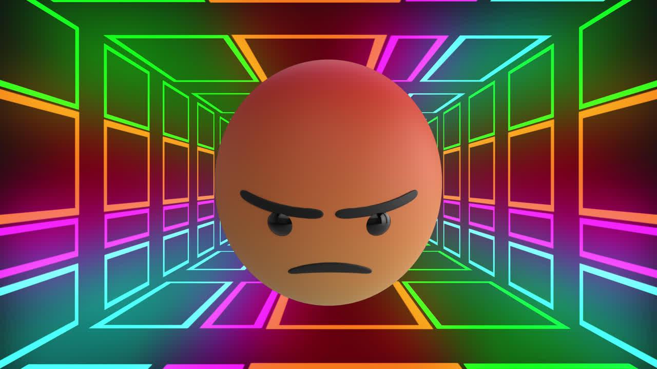 Animazione di icona emoji arrabbiata su tunnel al neon