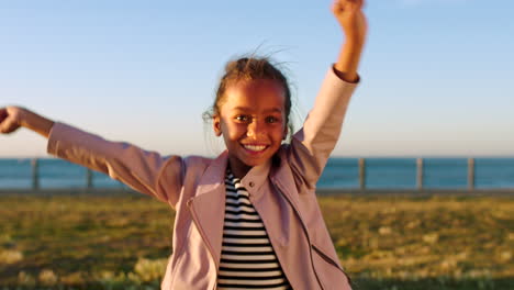 beach, happy portrait and child dancing