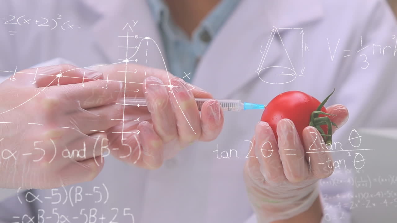 animação de equações matemáticas sobre cientistas caucasianos vacinando tomate