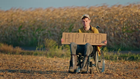 man in wheelchair asking for help in a field