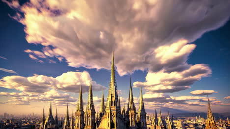 dramatic sunset over the spires of milan cathedral