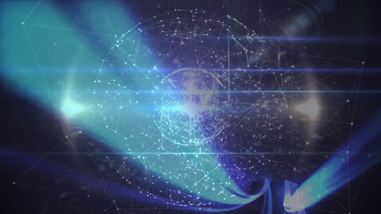 red de conexiones y animación de procesamiento de datos sobre rayos azules brillantes