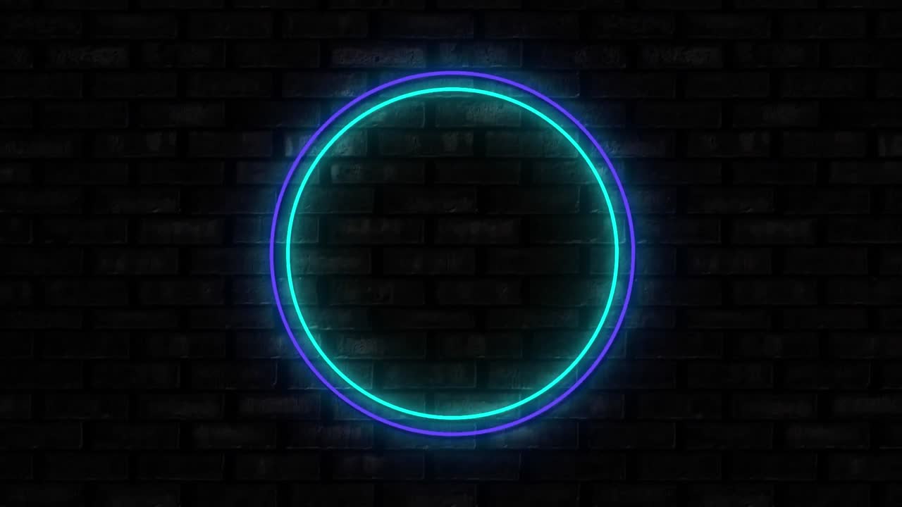 검은 벽돌 벽 배경에 조명 된 파란색 원 네온 표지