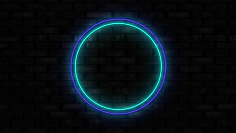 illuminated blue circle neon sign on black brick wall background