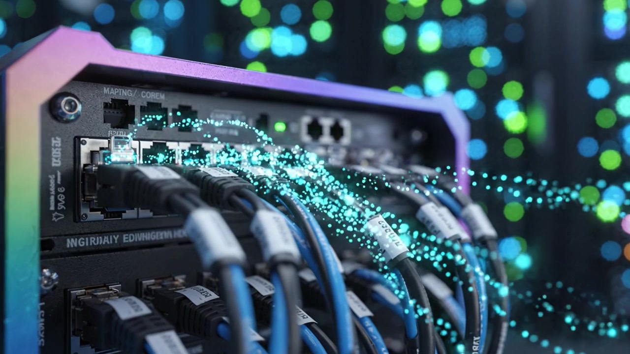 Advanced Data Center Network Switch with High-Speed Cables and Illuminated Racks, Showcasing Modern Connectivity and Data Management in IT Infrastructure