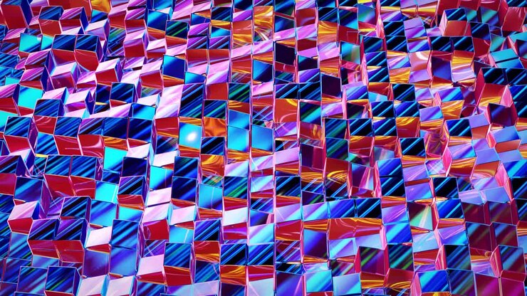 Looped abstract iridescent fluid background. Beautiful wavy glass surface of liquid with square pattern, gradient color and flow waves on it. Creative bright bg with soft smooth animation.