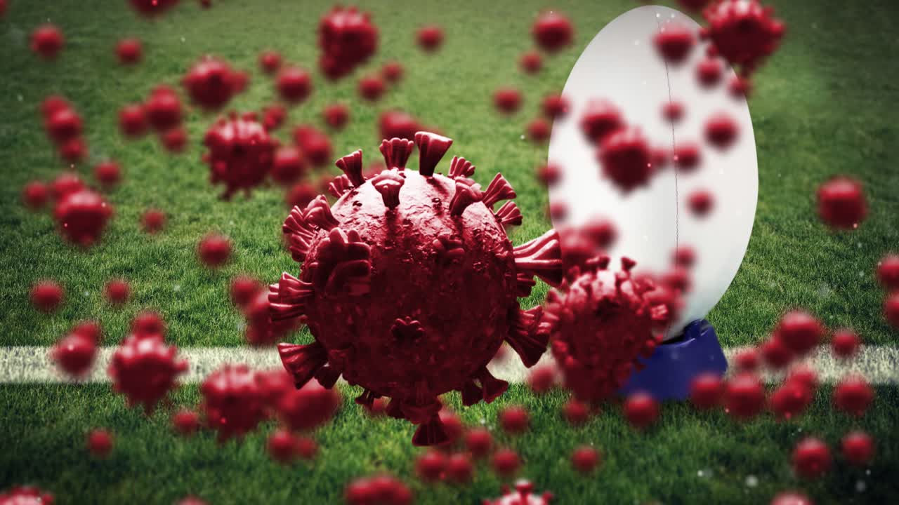 Animation af covid-celler og faresymbol for biologisk fare over verdenskort