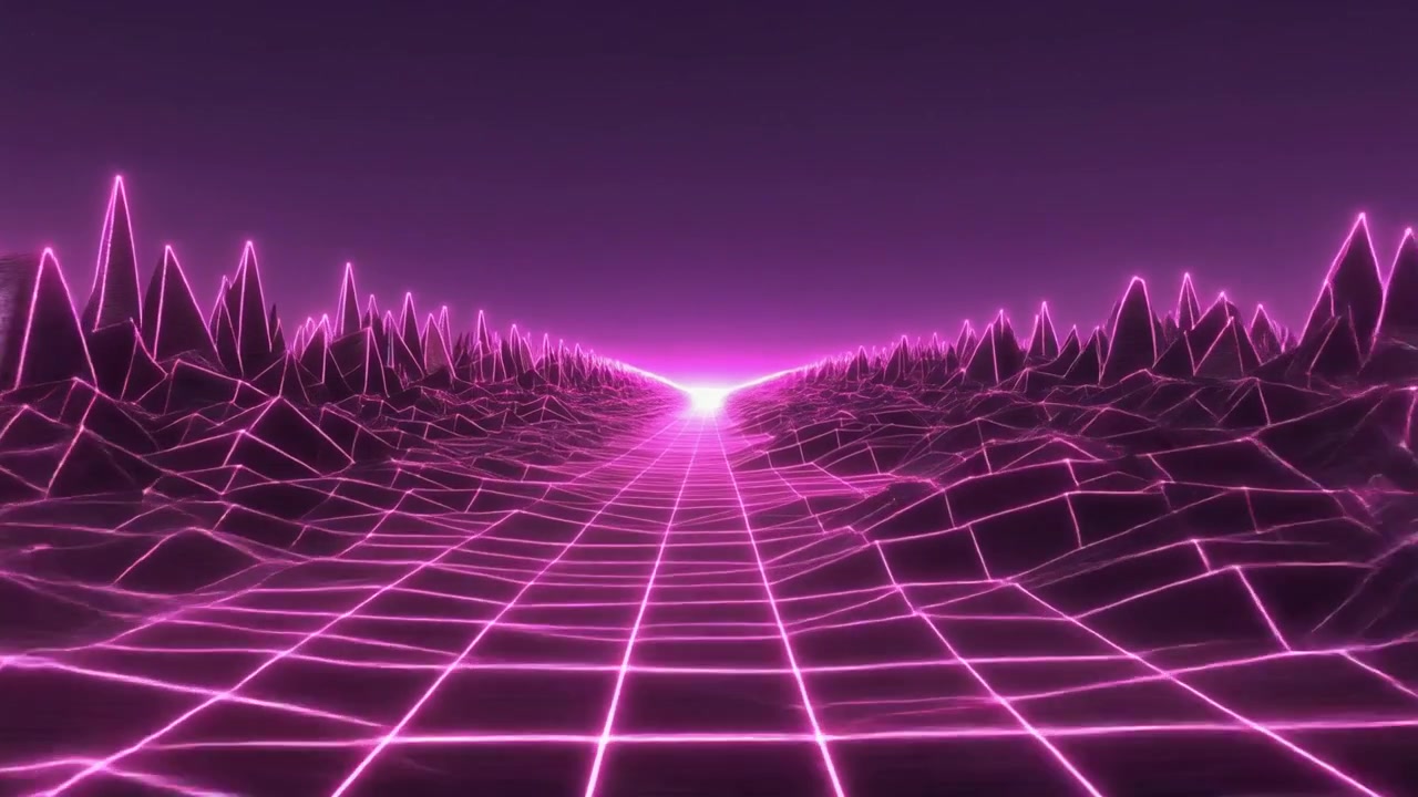 Lanskap Digital Gaya Retro Synthwave dengan Kisi Merah Muda Bercahaya