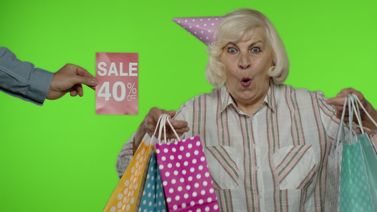 Advertisement Sale 40 Percent Off appears next to grandmother. Woman celebrating with shopping bags