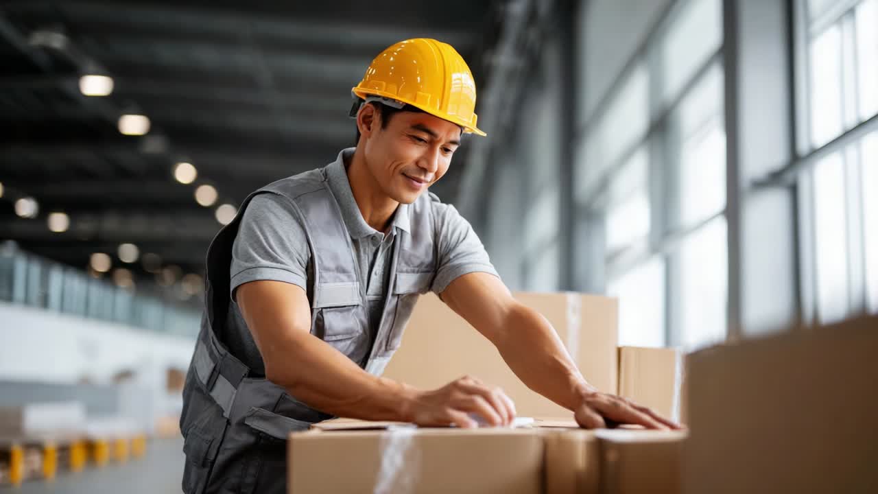 Focused Worker Preparing Packages with Care in Modern Warehouse Environment, Wearing Safety Gear and Utilizing Tools to Ensure Proper Packaging and Organization for Efficient Operations