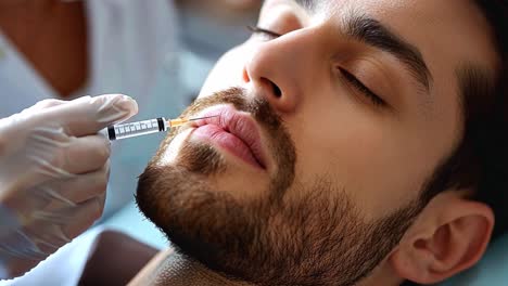 man receiving lip augmentation injection
