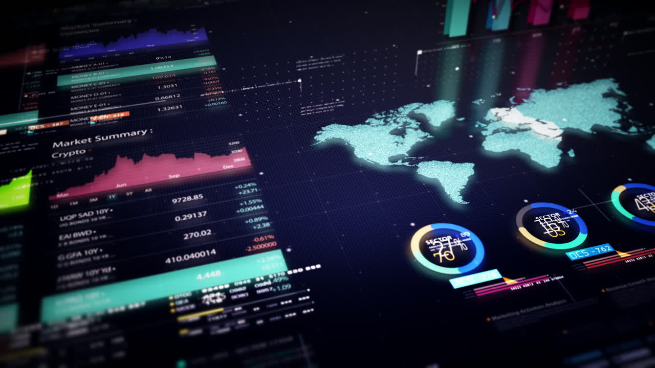Business stock market, trading, info graphic with animated graphs, charts and data numbers insight analysis to be shown on monitor display screen for business meeting mock up theme