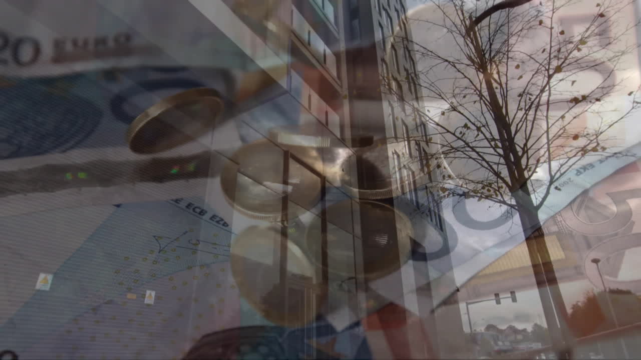 Euro currency and financial data animation overlaying urban cityscape with buildings and trees
