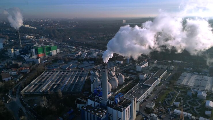 Industrial complex with a chimney emitting smoke into the sky, next to a sewage treatment facility and urban infrastructure. Dramatic aerial view panorama overview drone