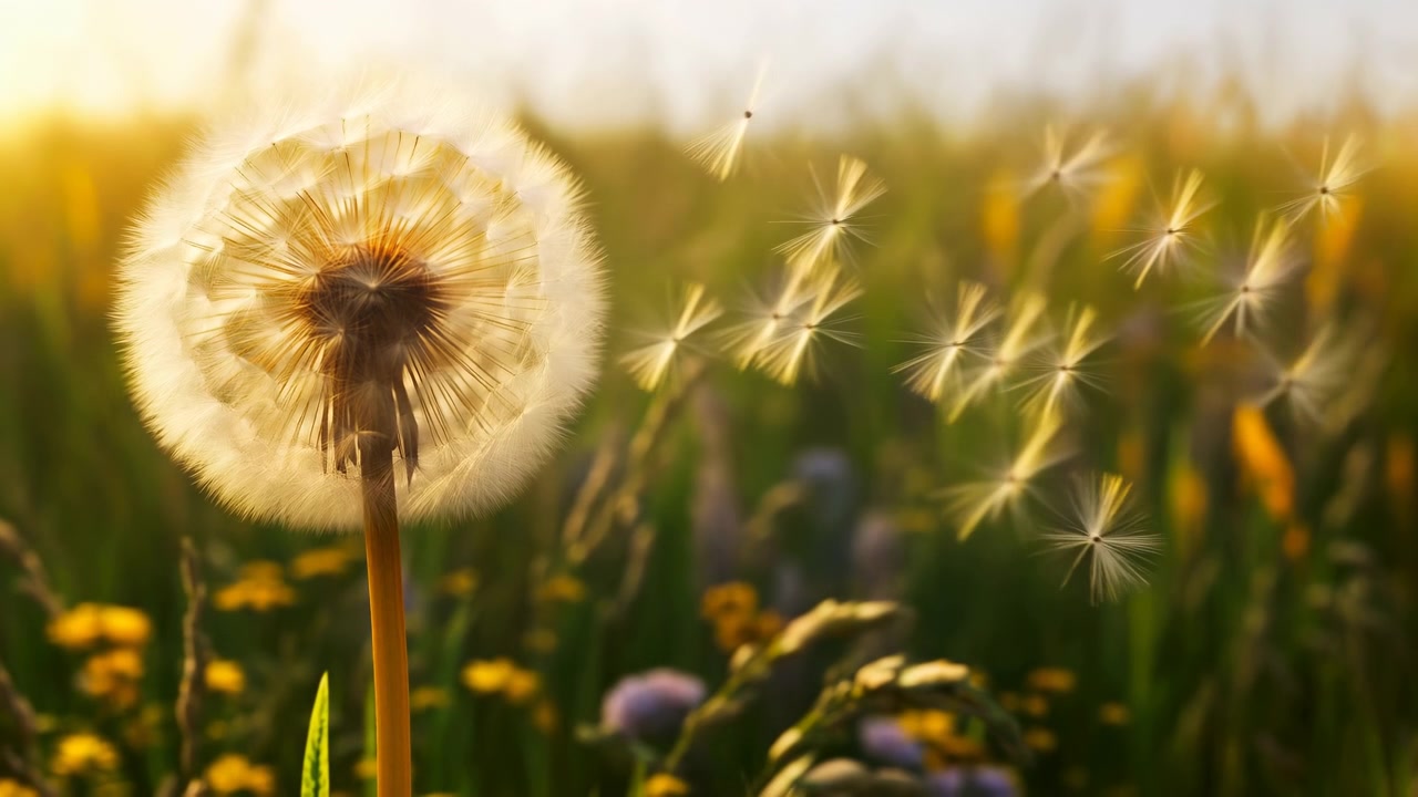 Dandelion Seeds Drifting In Golden Meadow, Backlit Sunset Glow With Soft Bokeh And Macro Focus, Wildflowers
