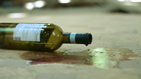 spilled wine and wine bottle on ground