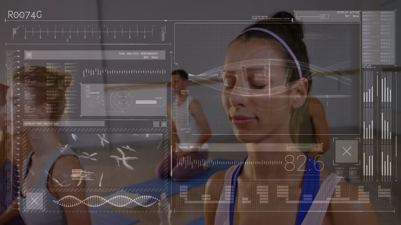 Woman rising from seated to standing, timer cueing HUD showing fitness vitals for paced breathing
