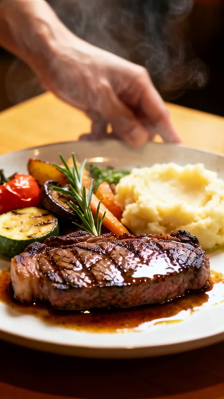 Video verticale: Mano maschile che si estende a sinistra, facendo scivolare un piatto di bistecca sul tavolo da pranzo con vapore che sale al centro