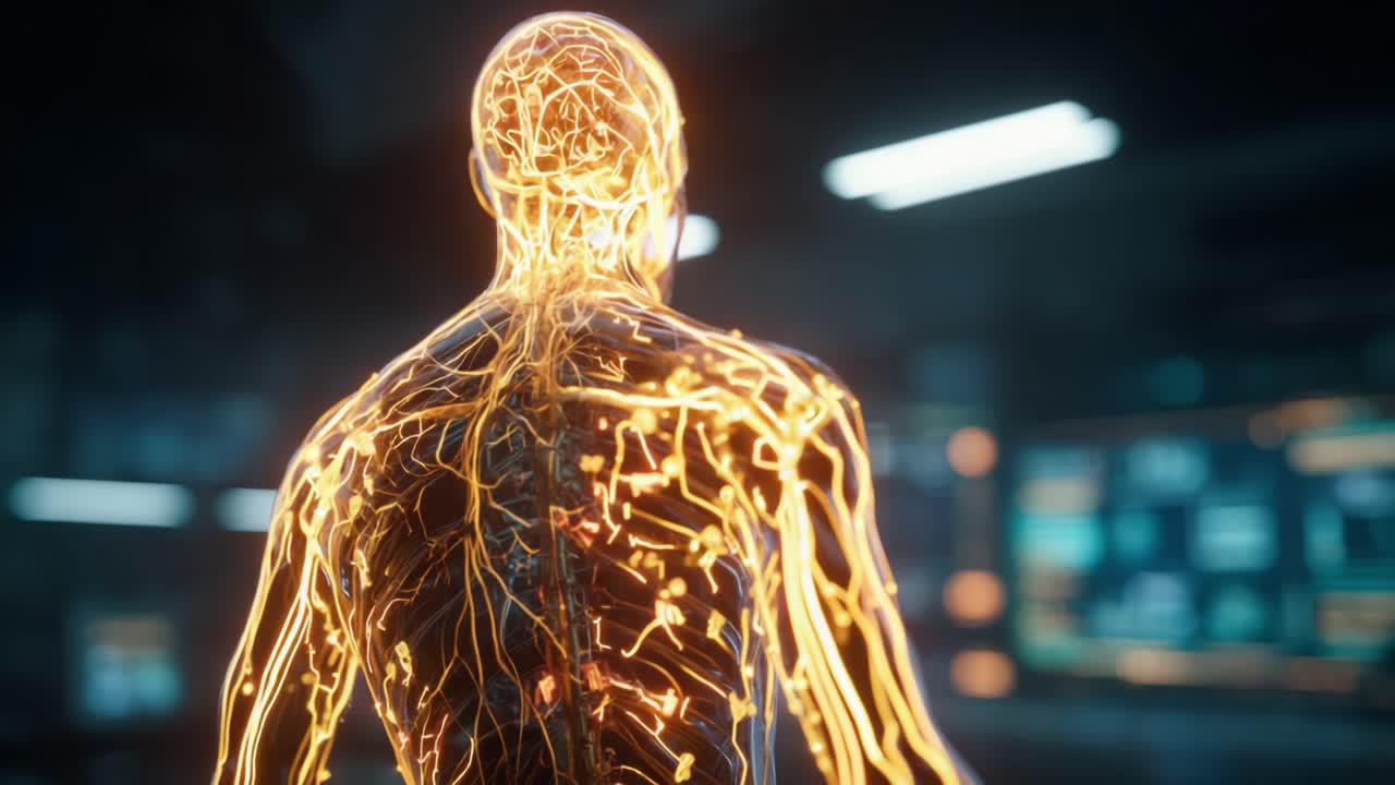 A Futuristic Representation of the Human Anatomy Illuminated with Intricate Neural Patterns and Energetic Pathways, Showcasing the Complex Interplay of Body Systems Through Artistic Visualization