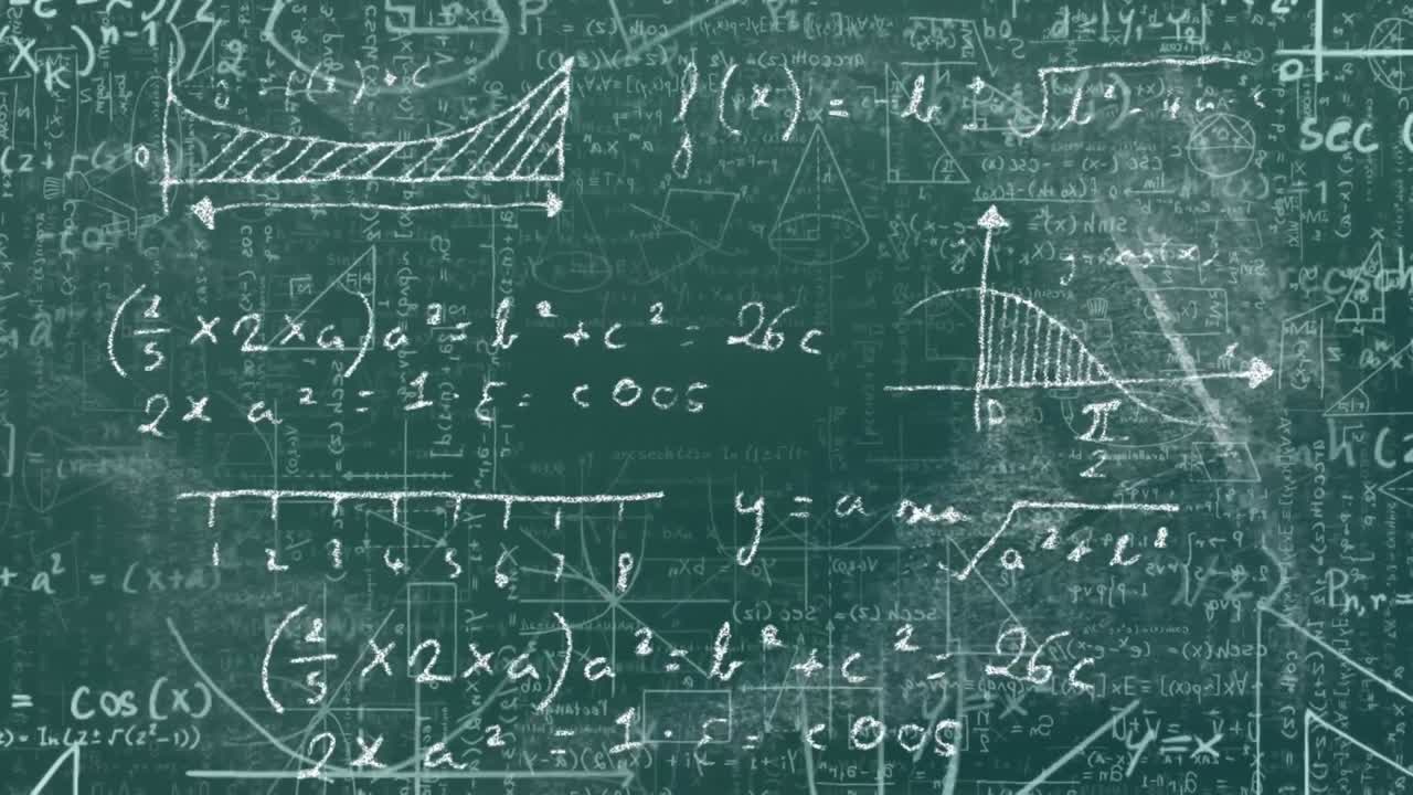 Digital animation of mathematical equations and diagrams floating against black background