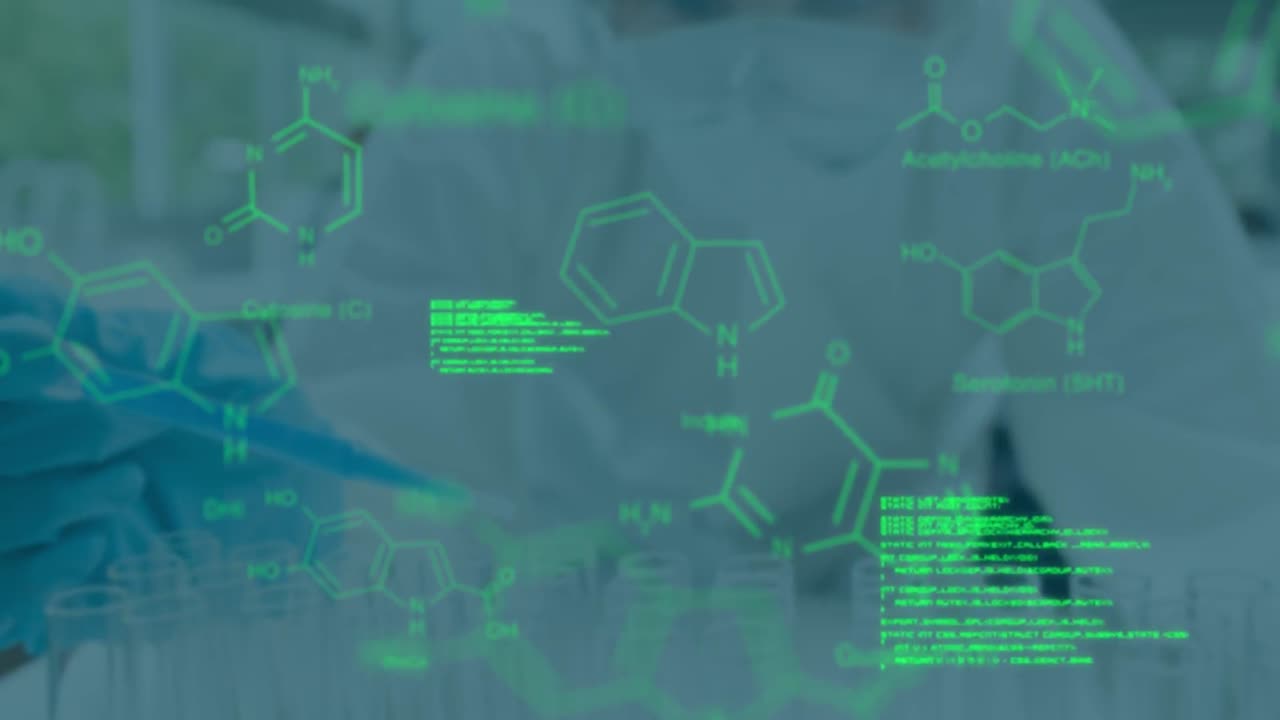 animación de procesamiento de datos y fórmula química sobre una científica caucásica