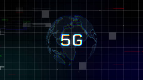 Animation-Von-5G-über-Globus,-Glitch-Und-Digitalem-Bildschirm