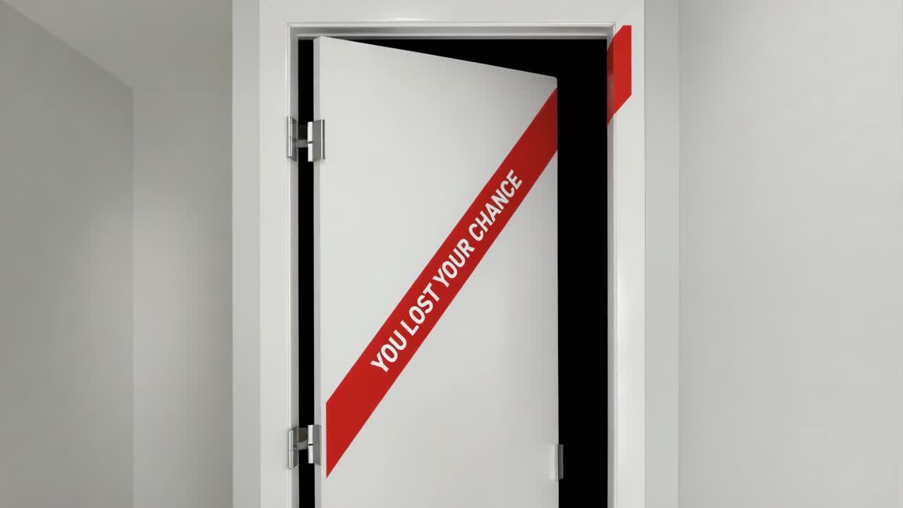 Slightly open door sealed with red ribbon with the writing you lost your chance, concept of lost opportunity