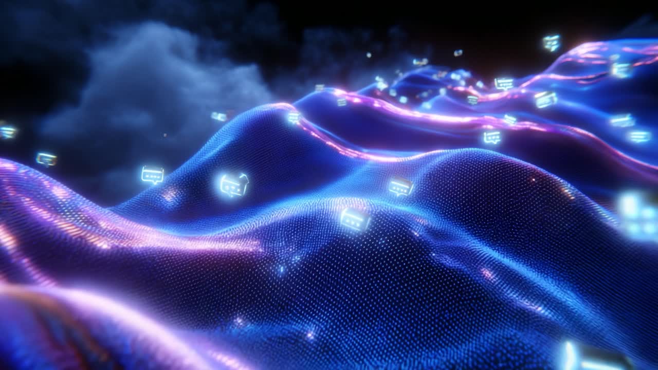 A captivating visual representation of digital waves illuminated by glowing messages, showcasing the flow of information in a vibrant and dynamic environment of modern technology