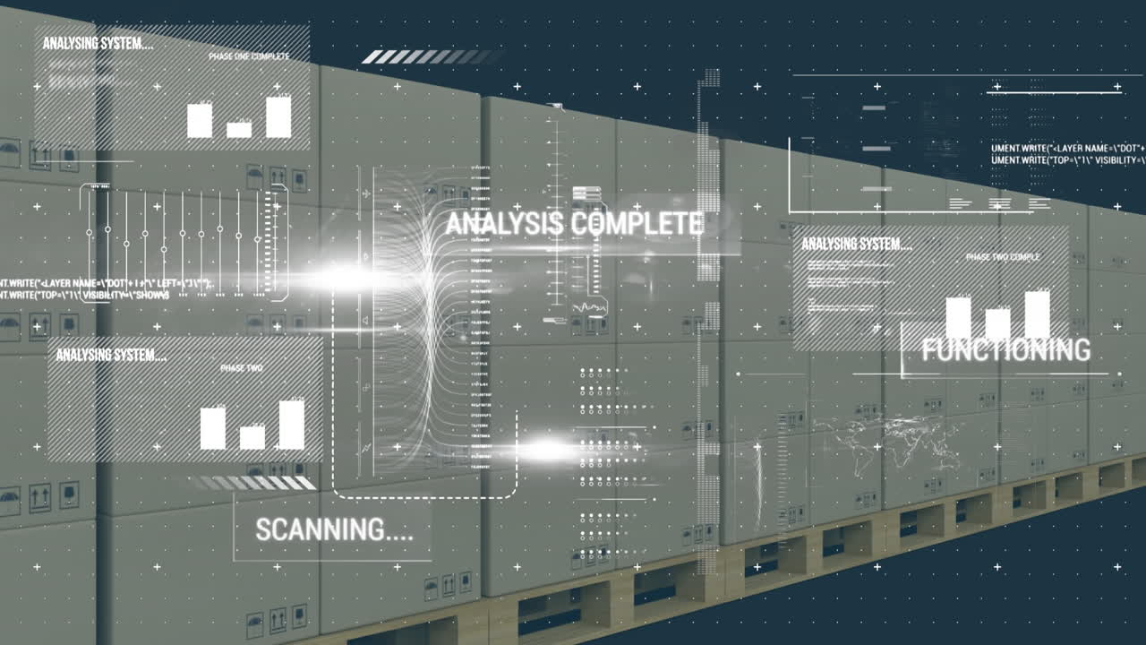 Digital interface with data processing over multiple boxes on conveyor belt against blue background