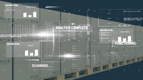 digital interface with data processing over multiple boxes on conveyor belt against blue background
