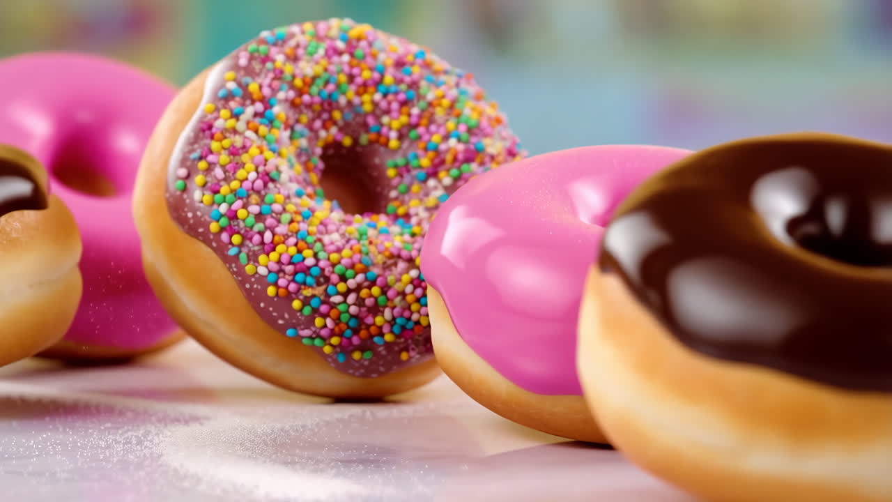 A close-up of delicious donuts with various colorful frostings and sprinkles