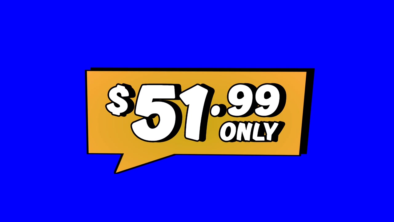 Animation $51.99 only price tag in orange speech bubble motion graphics on Blue screen background. Perfect for ads, e-commerce, retail, discounts, and promo videos business concept video element