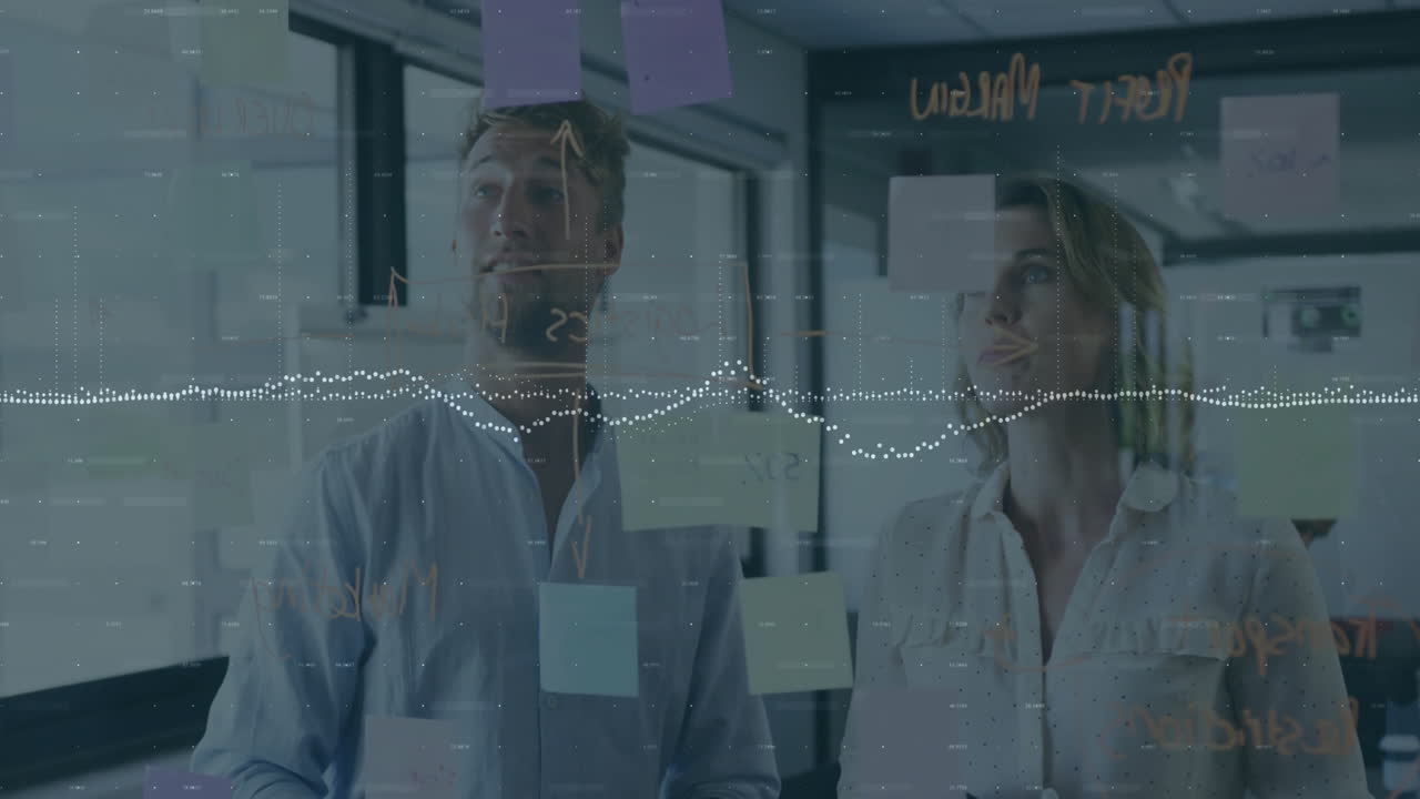 Animation of financial data processing over diverse business people in office