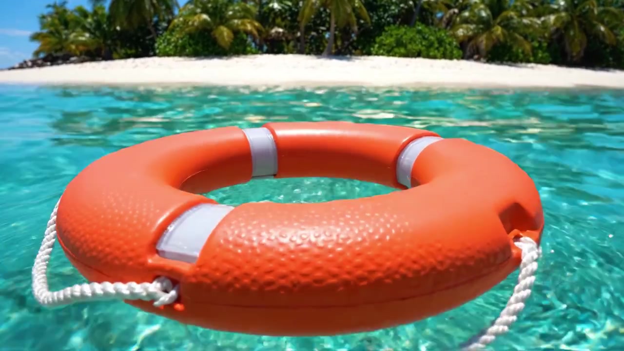 Bright orange lifebuoy floating on crystal clear waters, surrounded by lush tropical palms and a serene sandy beach, depicting a perfect summer day by the seaside.