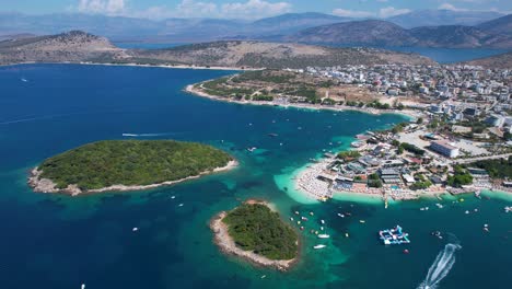 Ksamil-Summer-Vacation-Destination-with-Pristine-Islands,-White-Sand-Beaches,-Azure-Seas,-and-Luxurious-Resorts-Await