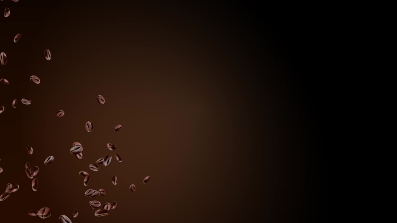 구운 아라비카 커피 콩이 비행하고 검은 바탕에서 느린 속도로 회전하고 있습니다.